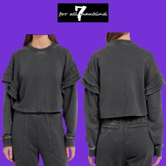 7 FOR ALL MANKIND NEW Skater Ruffled Drop Shoulders Crop Sweatshirt XS - Picture 3 of 11